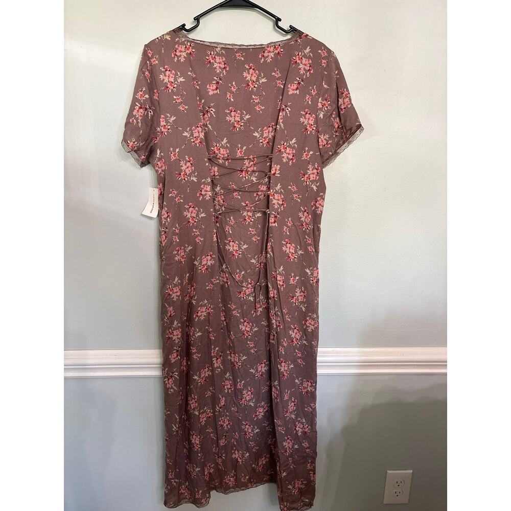 Lucky Brand Floral Midi Dress – Lace Trim – Taupe Pink – Size Large NWT - Picture 2 of 4